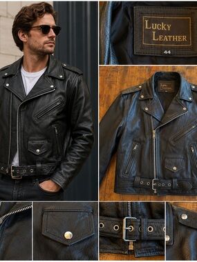 Vintage Lucky Leather Biker Jacket Men’s Large 44 Black Genuine Leather 90s